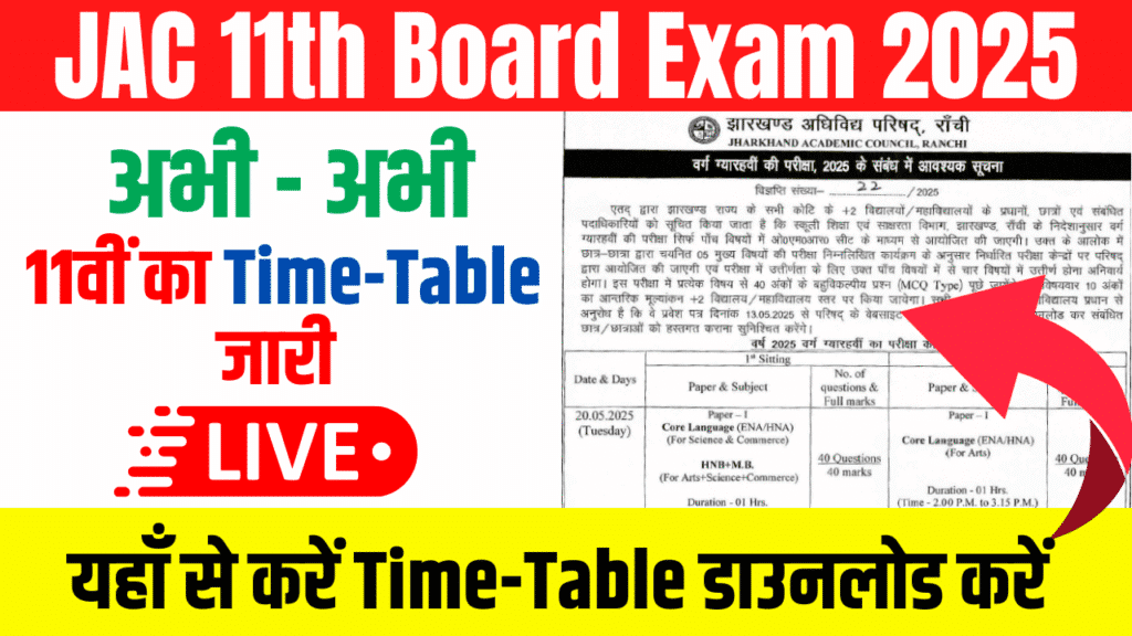 JAC 11th Board Exam Time Table 2025